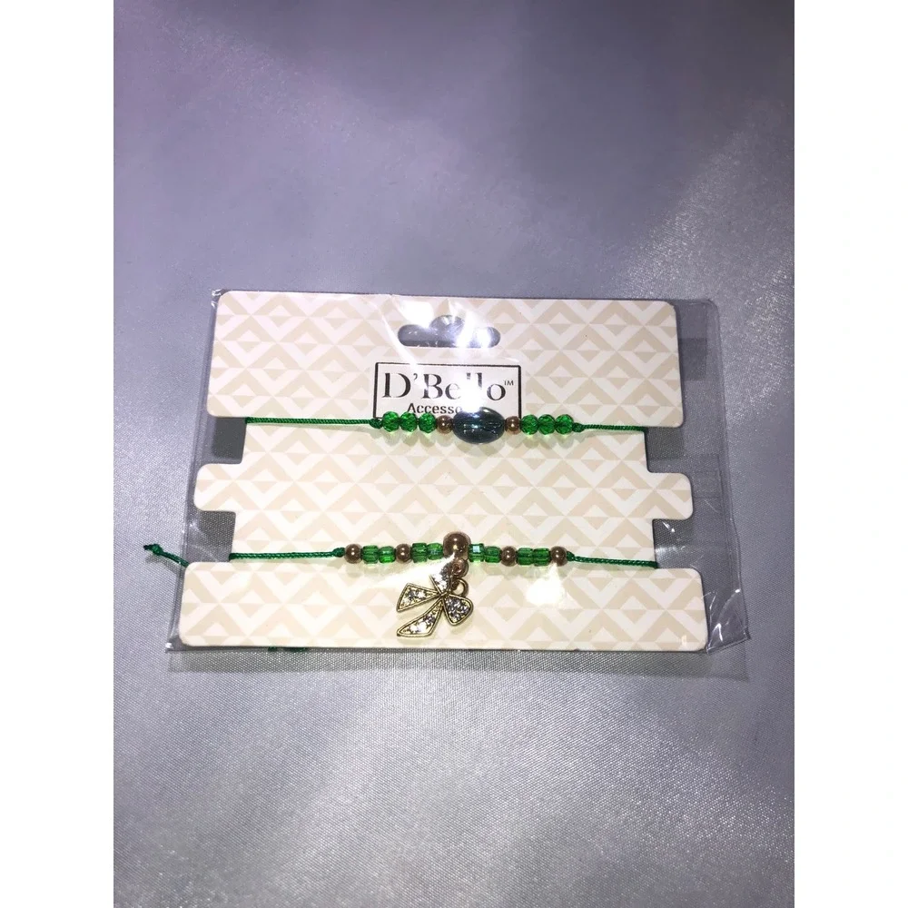 D'Bello Accessories Green Cord Bracelet Set Bow Charm Rhinestone Beaded 2pc NEW
